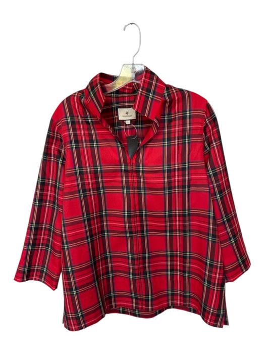 Tuckernuck Size L plaid Polyester V Neck Collared Long Sleeve Side Slit Blouse plaid / L