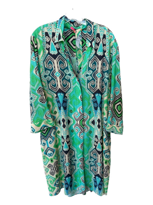 Vilagallo Size 48 Green & Navy Rayon Long Sleeve Ikat Belted Dress Green & Navy / 48