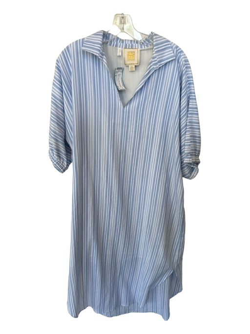 Emily McCarthy Size XL Blue & White Cotton Short Balloon Sleeve Striped Dress Blue & White / XL