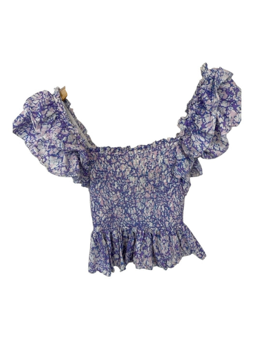 Love The Label Size S Purple & White Cotton Flutter Sleeves smocked Flowers Top Purple & White / S