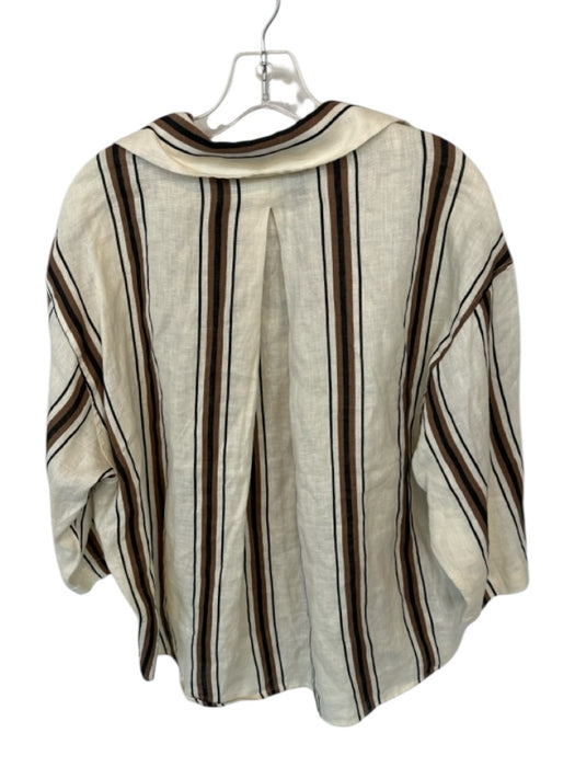 Magaschoni Size M Cream & Brown Linen Stripe Button Down 3/4 Sleeve Top Cream & Brown / M