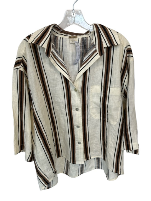 Magaschoni Size M Cream & Brown Linen Stripe Button Down 3/4 Sleeve Top Cream & Brown / M
