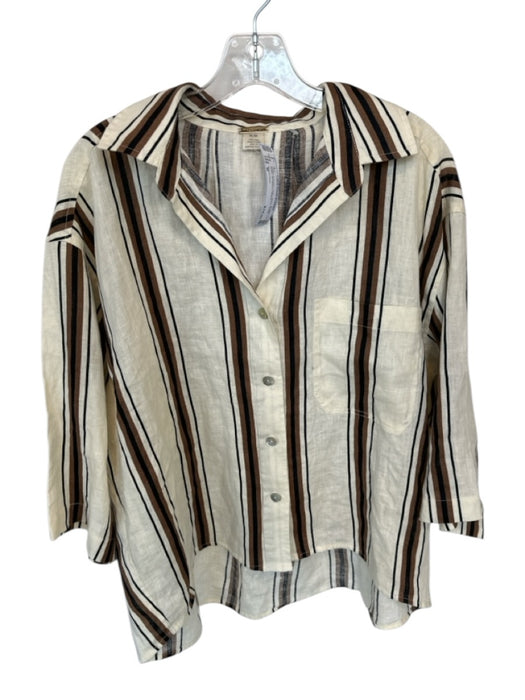 Magaschoni Size M Cream & Brown Linen Stripe Button Down 3/4 Sleeve Top Cream & Brown / M