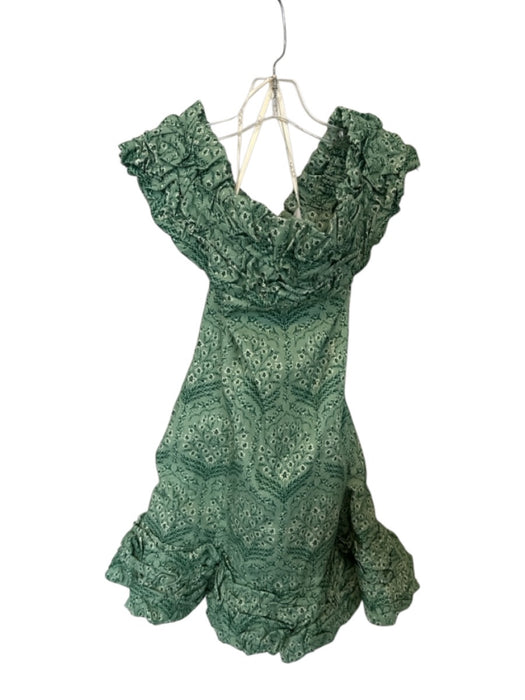 Agua Bendita Size L Green & Cream Cotton Off Shoulder Flowers Back Zip Dress Green & Cream / L