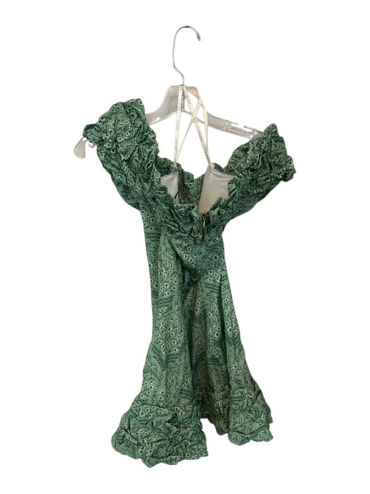 Agua Bendita Size L Green & Cream Cotton Off Shoulder Flowers Back Zip Dress Green & Cream / L