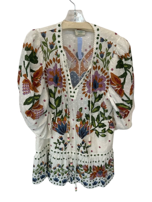 Farm Rio Size Est M Cream & Green Cotton Long Balloon Sleeve Swiss Dot Dress Cream & Green / Est M