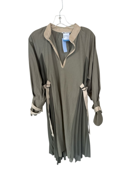 Zara Size XS/S Green & Tan Cotton Long Sleeve Acordian Pleated V Neck Dress Green & Tan / XS/S