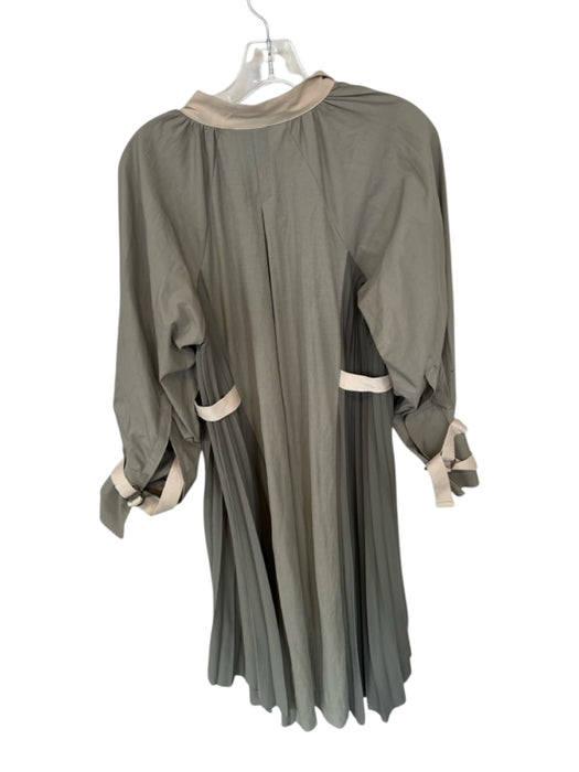 Zara Size XS/S Green & Tan Cotton Long Sleeve Acordian Pleated V Neck Dress Green & Tan / XS/S