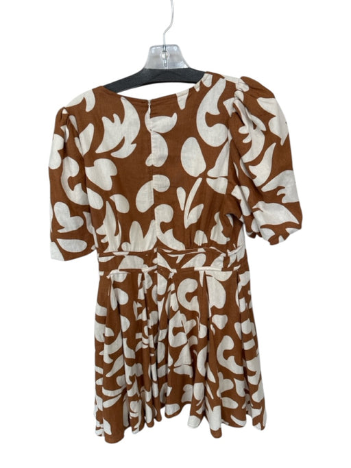 House of Harlow Size 8 Brown & Cream Cotton Short Balloon Sleeve Front Tie Dress Brown & Cream / 8