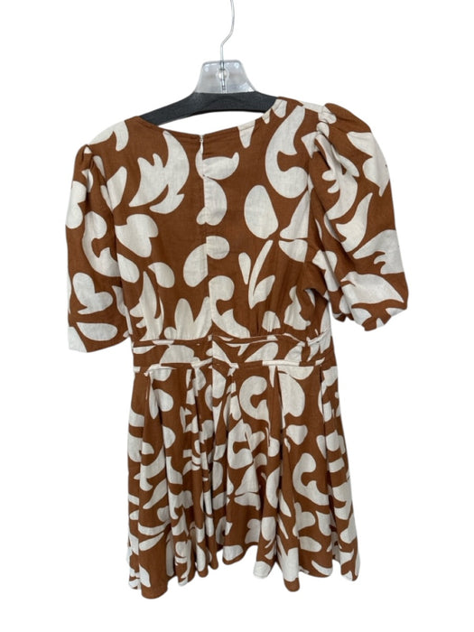 House of Harlow Size 8 Brown & Cream Cotton Short Balloon Sleeve Front Tie Dress Brown & Cream / 8