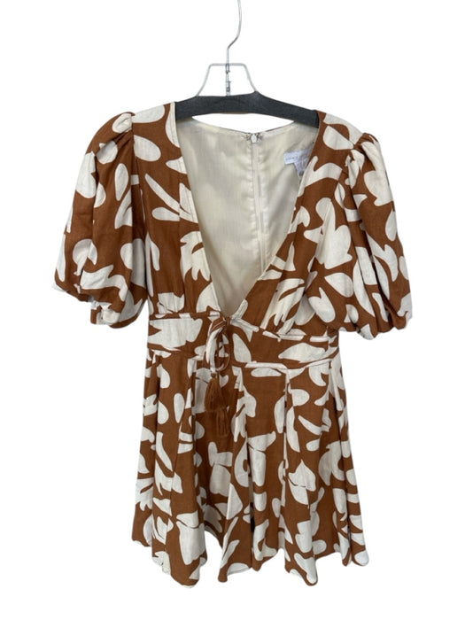 House of Harlow Size 8 Brown & Cream Cotton Short Balloon Sleeve Front Tie Dress Brown & Cream / 8