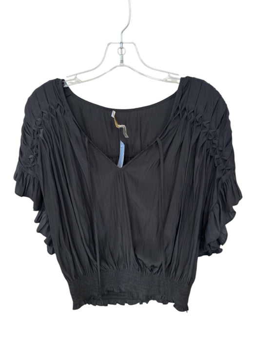 Ramy Brook Size M Charcoal Polyester Short Sleeve V Neck Elastic Waist Top Charcoal / M