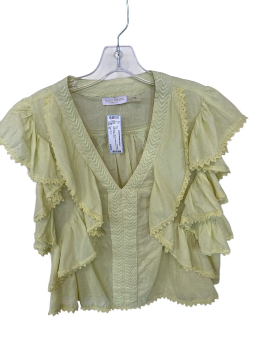 Ramy Brook Size S Chartreuse Cotton Flutter Sleeves Lace Trim V Neck Top Chartreuse / S