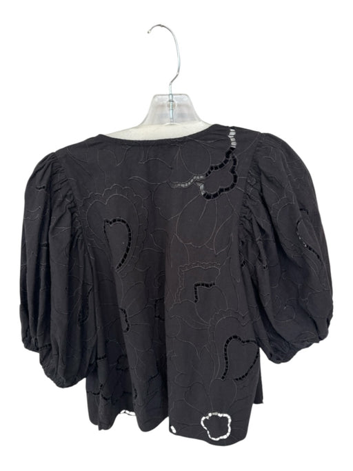 Free People Size M Black Cotton 3/4 Balloon Sleeve Embroidered Flowers Top Black / M