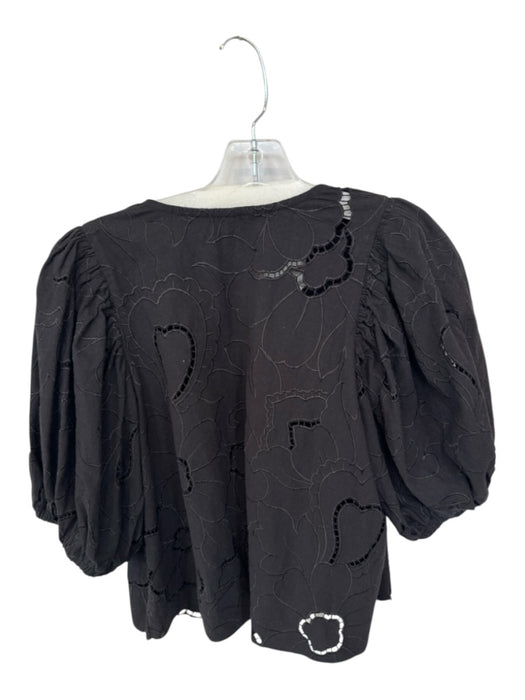 Free People Size M Black Cotton 3/4 Balloon Sleeve Embroidered Flowers Top Black / M