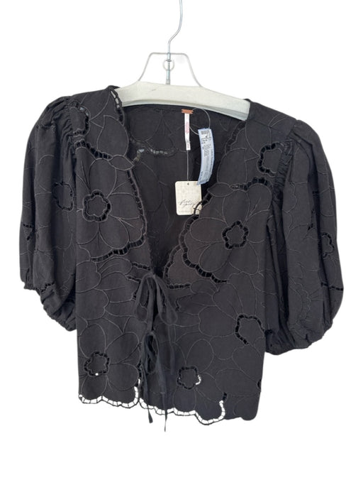 Free People Size M Black Cotton 3/4 Balloon Sleeve Embroidered Flowers Top Black / M