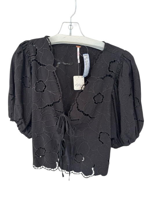 Free People Size M Black Cotton 3/4 Balloon Sleeve Embroidered Flowers Top Black / M