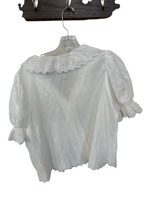 Ultra Pink Size L White Cotton Short Balloon Sleeve Eyelet Pleat Detail Top White / L