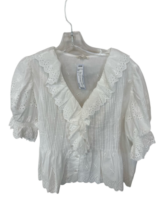Ultra Pink Size L White Cotton Short Balloon Sleeve Eyelet Pleat Detail Top White / L