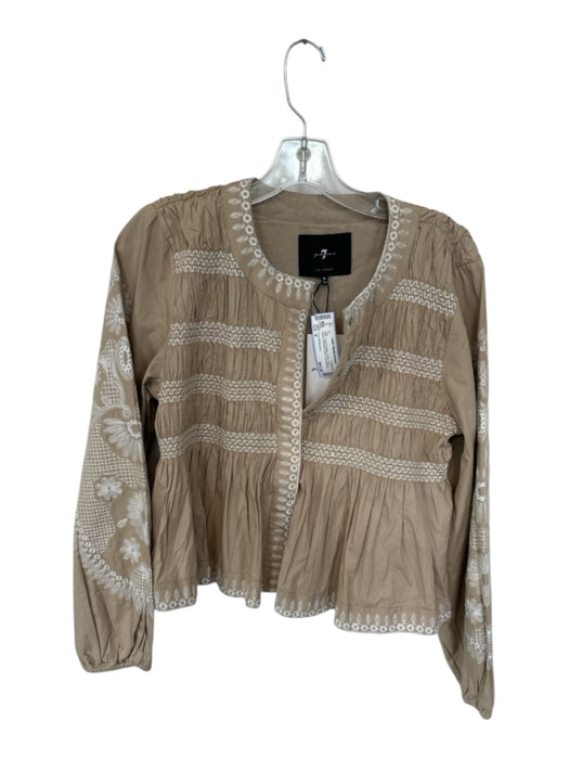 7 For All Mankind Size M Taupe & White Cotton Long Sleeve Smocked Detail Top Taupe & White / M