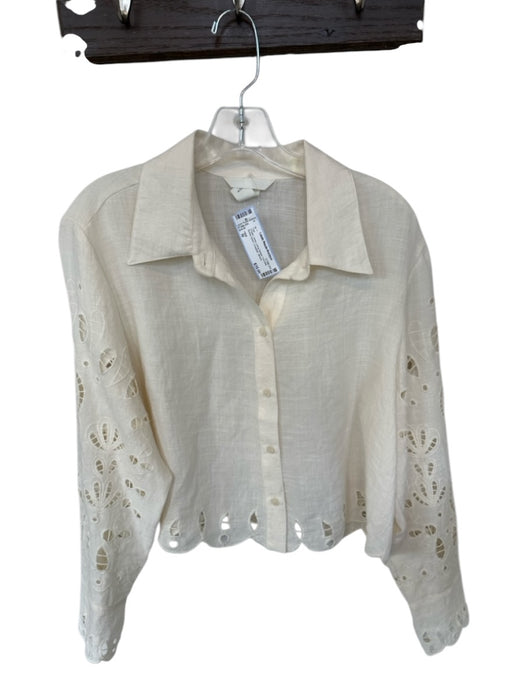 H&M Size M Cream Linen Long Sleeve Cut Outs Button Down Cropped Top Cream / M