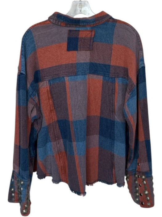 We The Free Size M burnt orange & blue Cotton Flannel Raw Hem Pockets Top burnt orange & blue / M