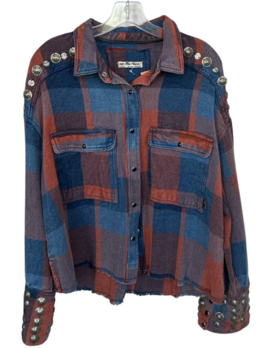 We The Free Size M burnt orange & blue Cotton Flannel Raw Hem Pockets Top burnt orange & blue / M