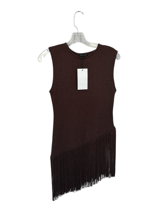 Zara Size M Brown Polyester Blend Knit Tassel Hem Asymetrical Sleeveless Top Brown / M