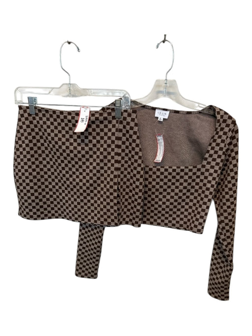 Le Lis Size M Brown & Tan Polyester Blend Checkered Side Zip Skirt Set Brown & Tan / M