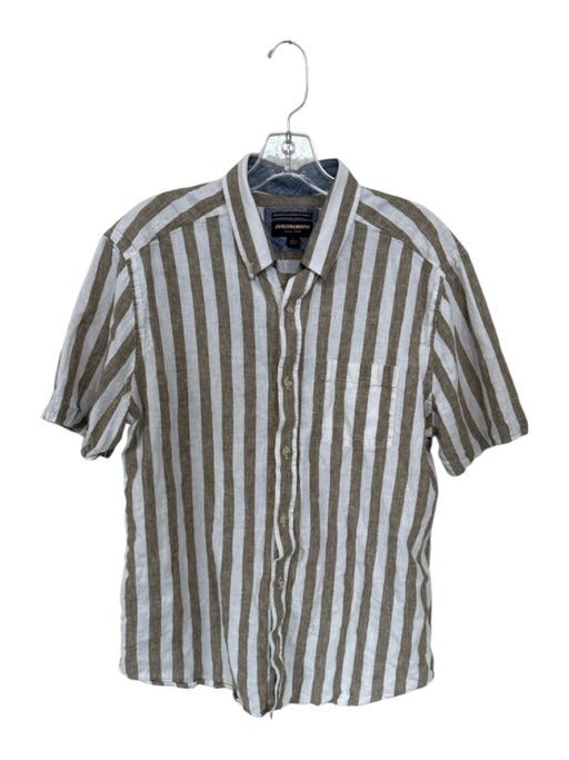 Johnston & Murphy Size L White & Taupe Print Linen Striped Button Down Shirt White & Taupe Print / L