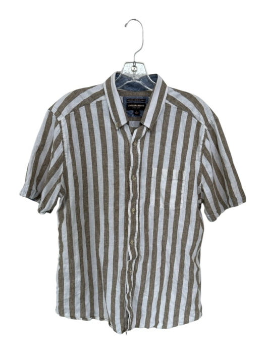 Johnston & Murphy Size L White & Taupe Print Linen Striped Button Down Shirt White & Taupe Print / L
