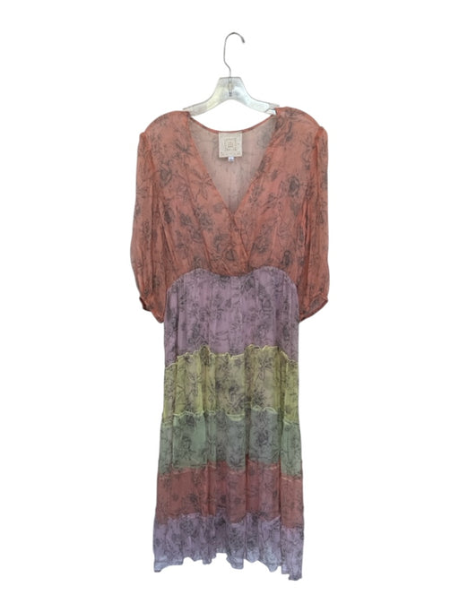 Johnny Was Size L Pink, Purple & Green Silk & Polyester Floral Tiered Maxi Dress Pink, Purple & Green / L