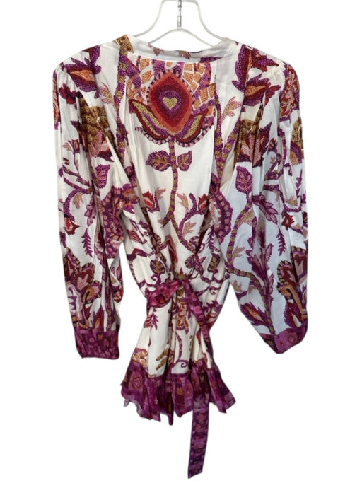 Farm Rio Size XL Purple & White Cotton Blend Long Sleeve Flowers Belted Dress Purple & White / XL