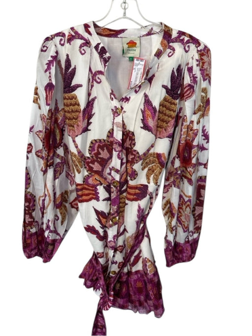 Farm Rio Size XL Purple & White Cotton Blend Long Sleeve Flowers Belted Dress Purple & White / XL