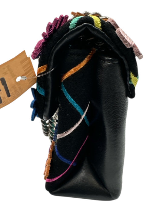 Kurt Geiger Black & Multi Canvas & Leather Flap Floral Metallic Chain Strap Bag Black & Multi / Small