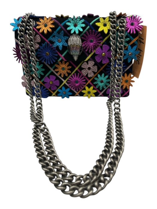 Kurt Geiger Black & Multi Canvas & Leather Flap Floral Metallic Chain Strap Bag Black & Multi / Small