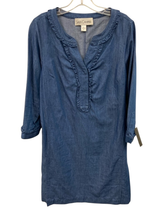 Sara Campbell Size M Blue Cotton & Tencel 3/4 Sleeve Split V neckline Mini Dress Blue / M