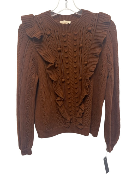 Sezane Size M Brown Wool Ruffle Front Pom Pom Rib Knit Sweater Brown / M