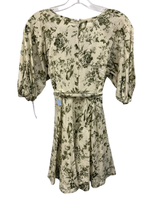 OPT Size XS Cream & Green Cotton Blend Floral Puff Sleeve Sash Inc Dress Cream & Green / XS