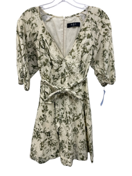 OPT Size XS Cream & Green Cotton Blend Floral Puff Sleeve Sash Inc Dress Cream & Green / XS