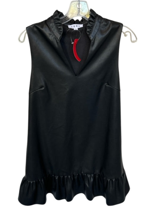 THML Size M Black Vegan Leather Sleeveless Ruffle Collar V Neck Drop Waist Dress Black / M