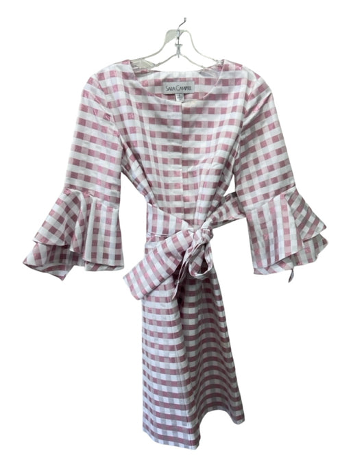 Sara Campbell Size 2 Pink & White Polyester Blend Gingham Trumpet Sleeve Dress Pink & White / 2