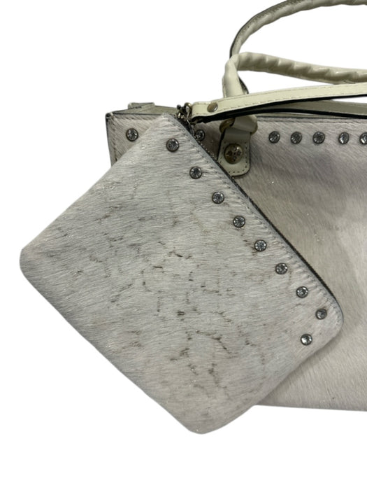 Patricia Nash Cream White Leather Ponyhair Glitter Zip Top Rhinestone detail Bag Cream White