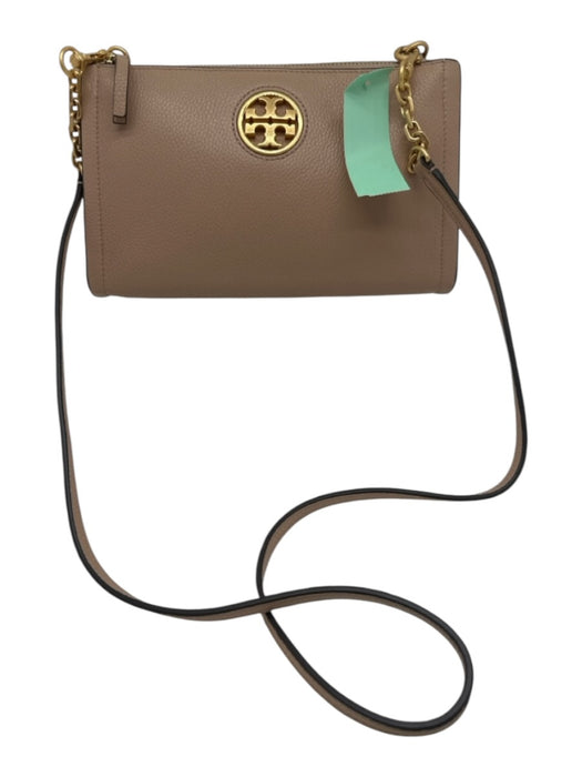 Tory Burch Beige Leather Gold Tone Hardware Zip Top Chain Detail Crossbody Bag Beige