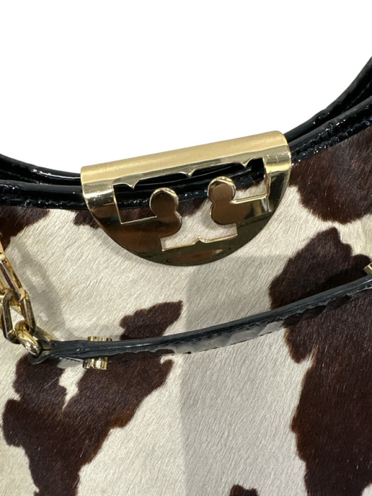 Tory Burch Cream White, Brown & Black Leather Pony Hair Cow Print Shoulder Bag Cream White, Brown & Black