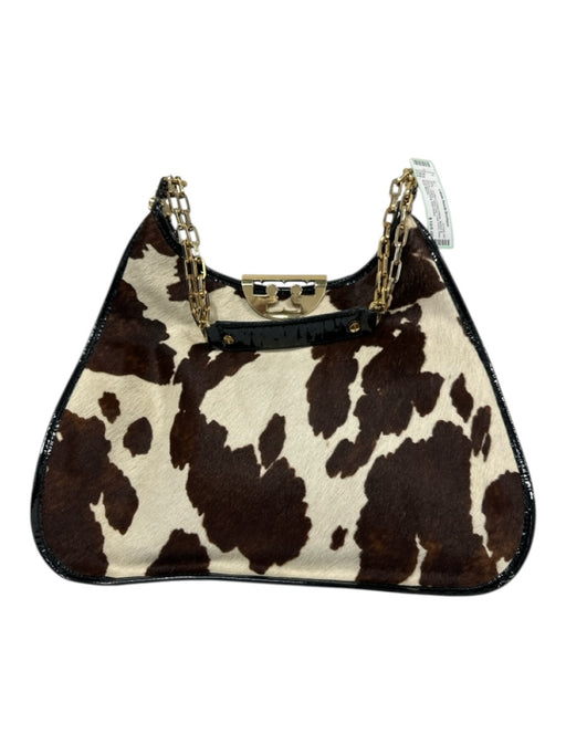 Tory Burch Cream White, Brown & Black Leather Pony Hair Cow Print Shoulder Bag Cream White, Brown & Black