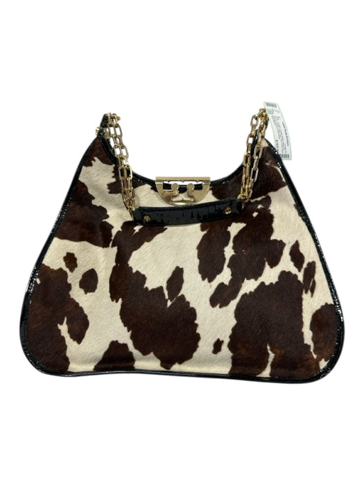 Tory Burch Cream White, Brown & Black Leather Pony Hair Cow Print Shoulder Bag Cream White, Brown & Black