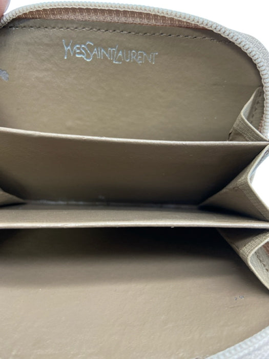 Yves Saint Laurent Beige Fabric & Leather Embossed Logo Zip Close Stripe Wallets Beige