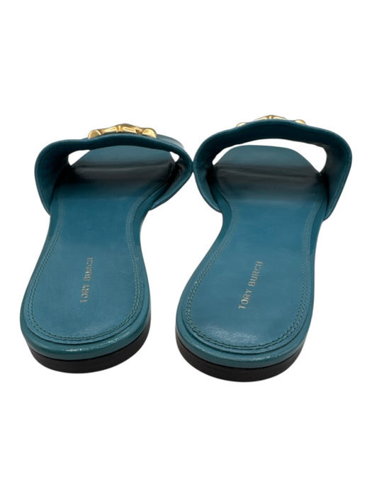 Tory Burch Shoe Size 10.5 Teal Leather Upper Patent Gold Tone Logo Slide Sandals Teal / 10.5