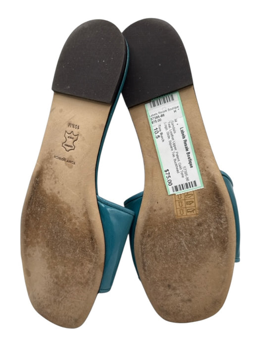 Tory Burch Shoe Size 10.5 Teal Leather Upper Patent Gold Tone Logo Slide Sandals Teal / 10.5